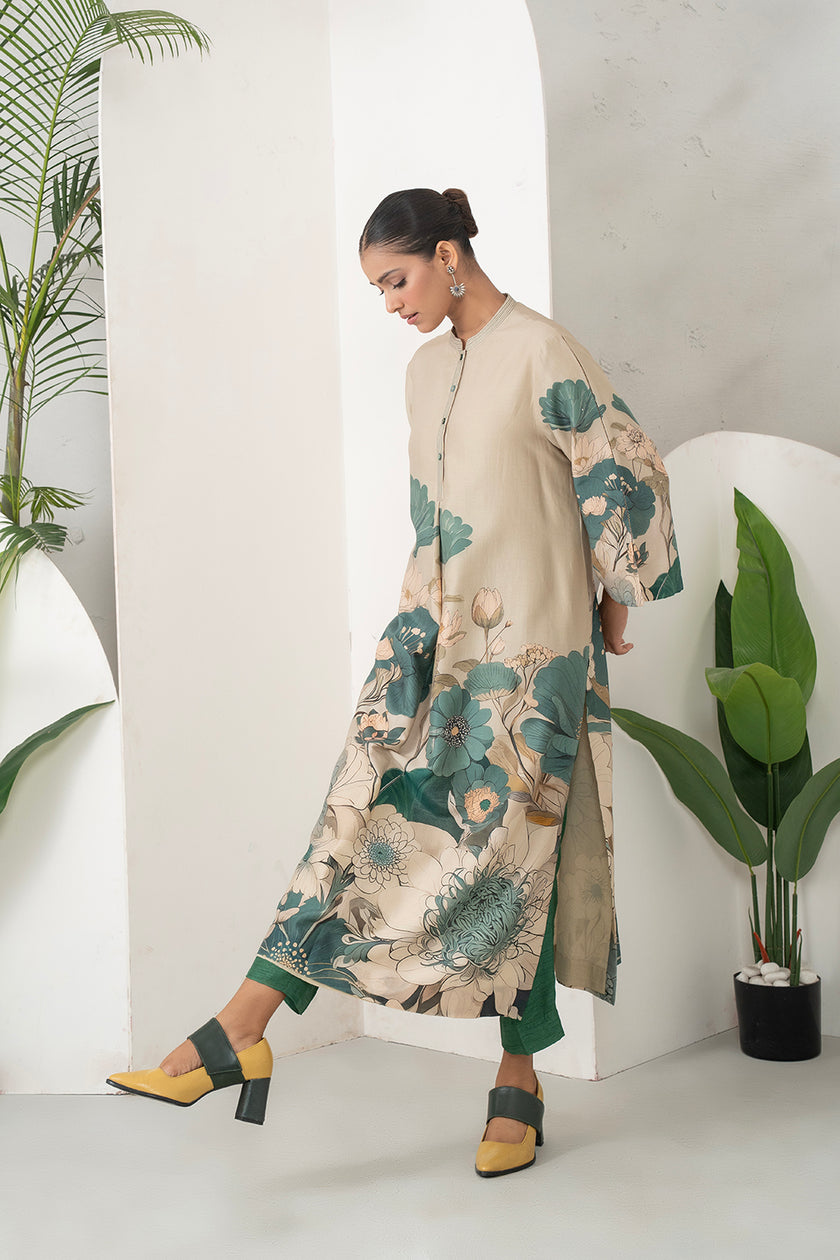 Beige Silk Chanderi Delicate Floral Artwork Printed Tunic (1 PC)