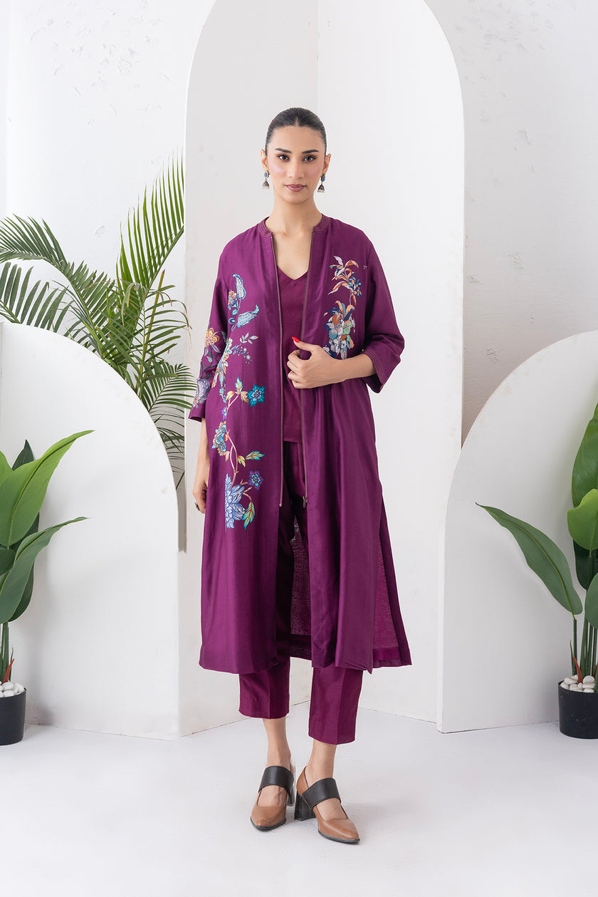 Wine Silk Chanderi Floral Printed Front Open Dress (1 PC)