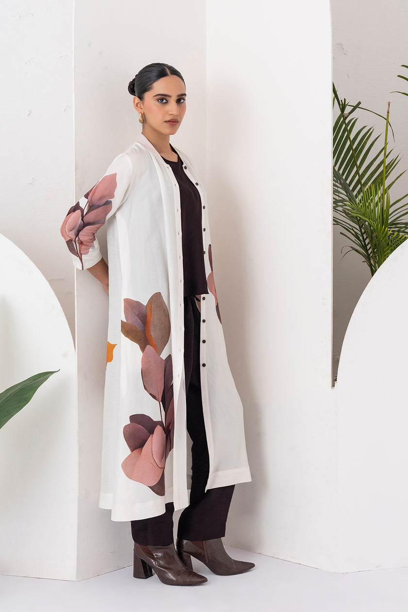 Ivory Viscose Dupion Leaf Printed Dress (1 PC)