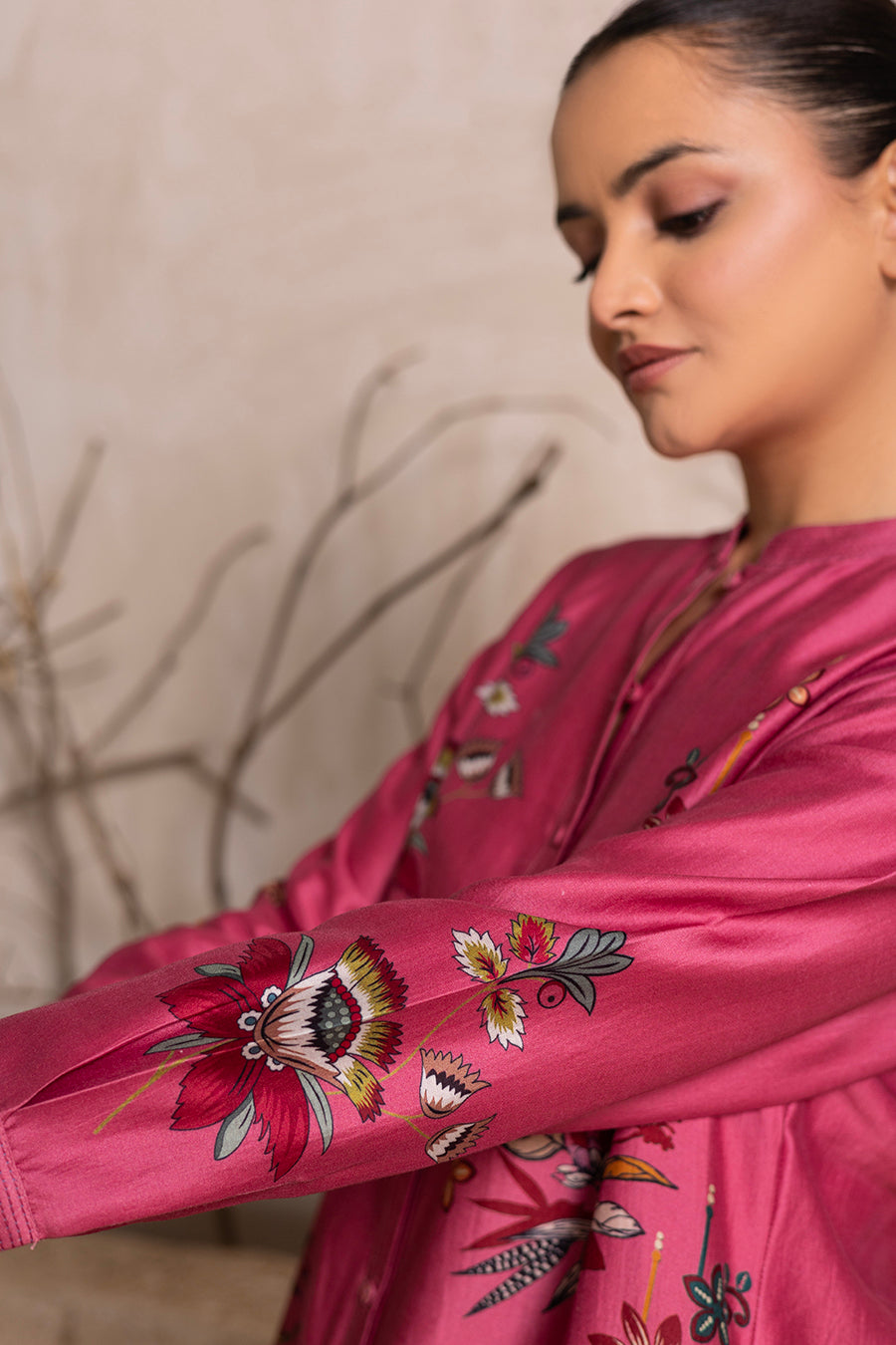 Old Rose Silk Chanderi Printed Shirt Style Tunic (1 PC)