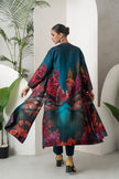 Deep Teal Fades Into Twilight Blue Silk Chanderi Forest Scene Printed Dress (1 PC)