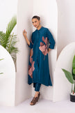 Indigo Silk Chanderi Leaf Printed Dress (1 PC)