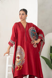 Maroon Silk Chanderi Bold Peacock Printed Zippered Kaftan (1 PC)