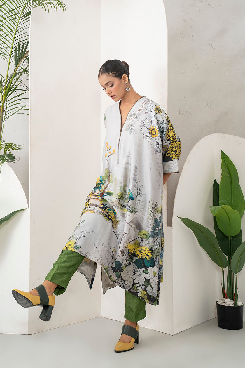 Grey Silk Chanderi Painterly Landscape Printed Zippered Dress (1 PC)