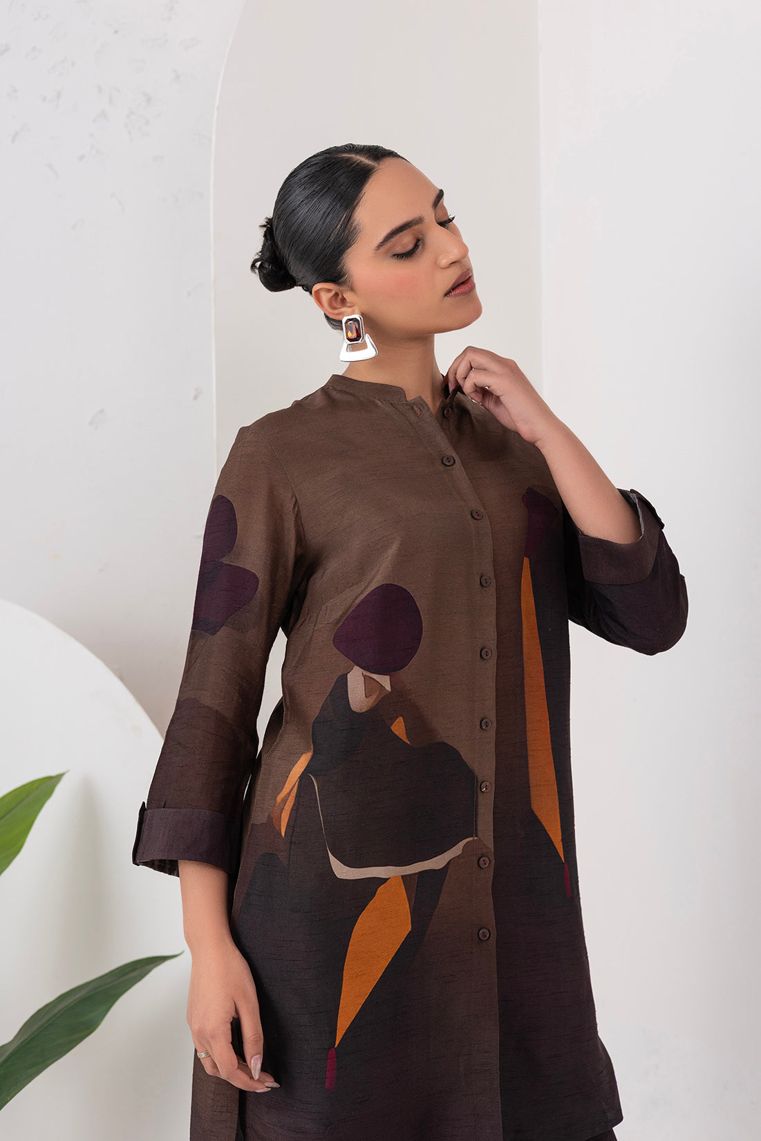 Shades Of Brown Viscose Dupion Printed Shirt Style Tunic (1 PC)