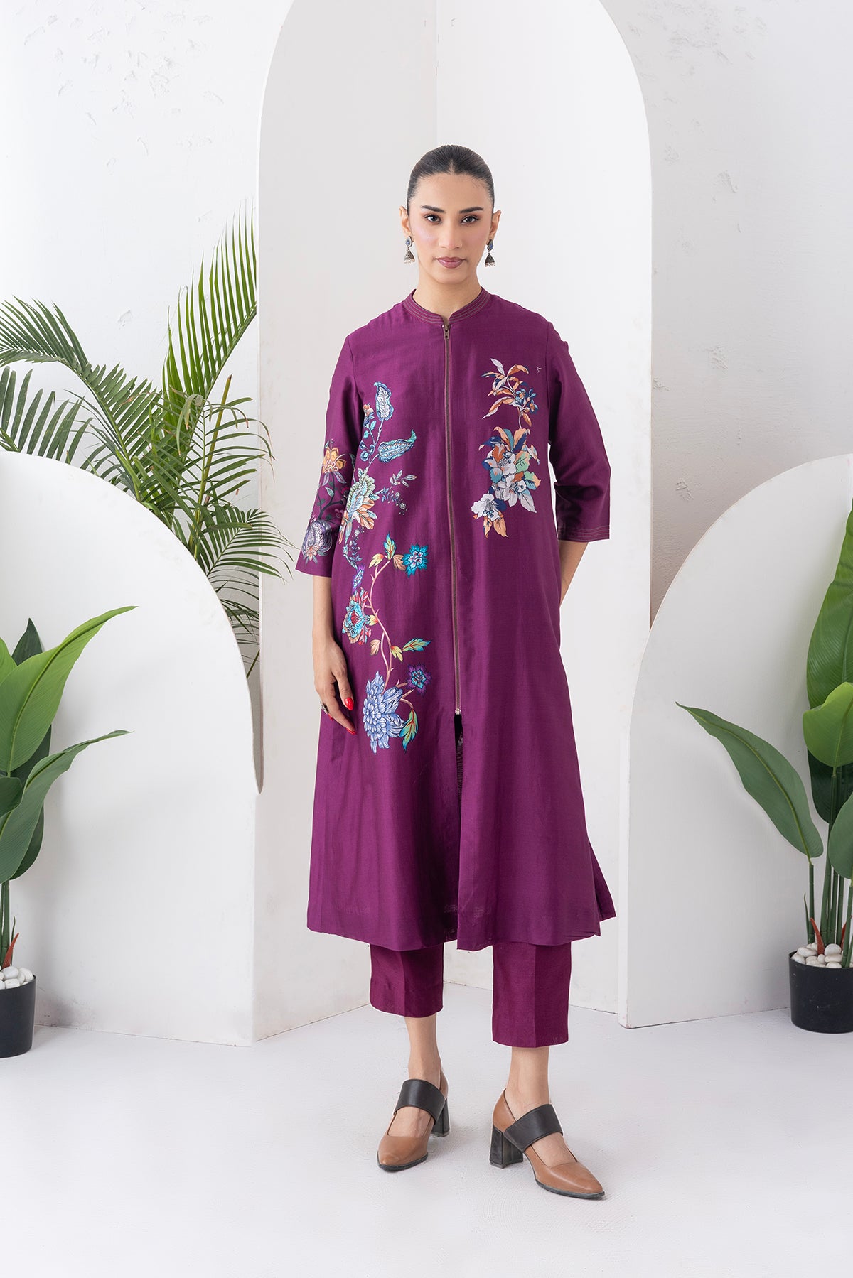 Wine Silk Chanderi Floral Printed Front Open Dress (1 PC)