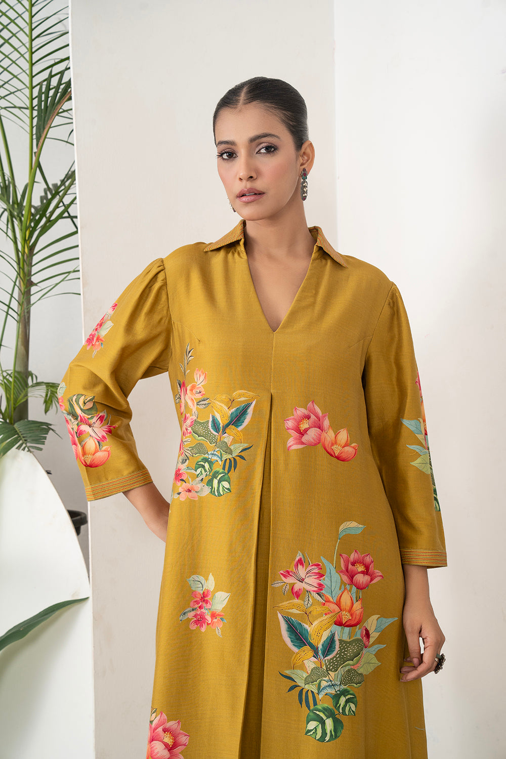 Mustard Silk Chanderi Front Pleat Detailed Colourful Floral Printed Dress (1 PC)