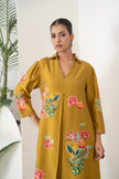 Mustard Silk Chanderi Front Pleat Detailed Colourful Floral Printed Dress (1 PC)