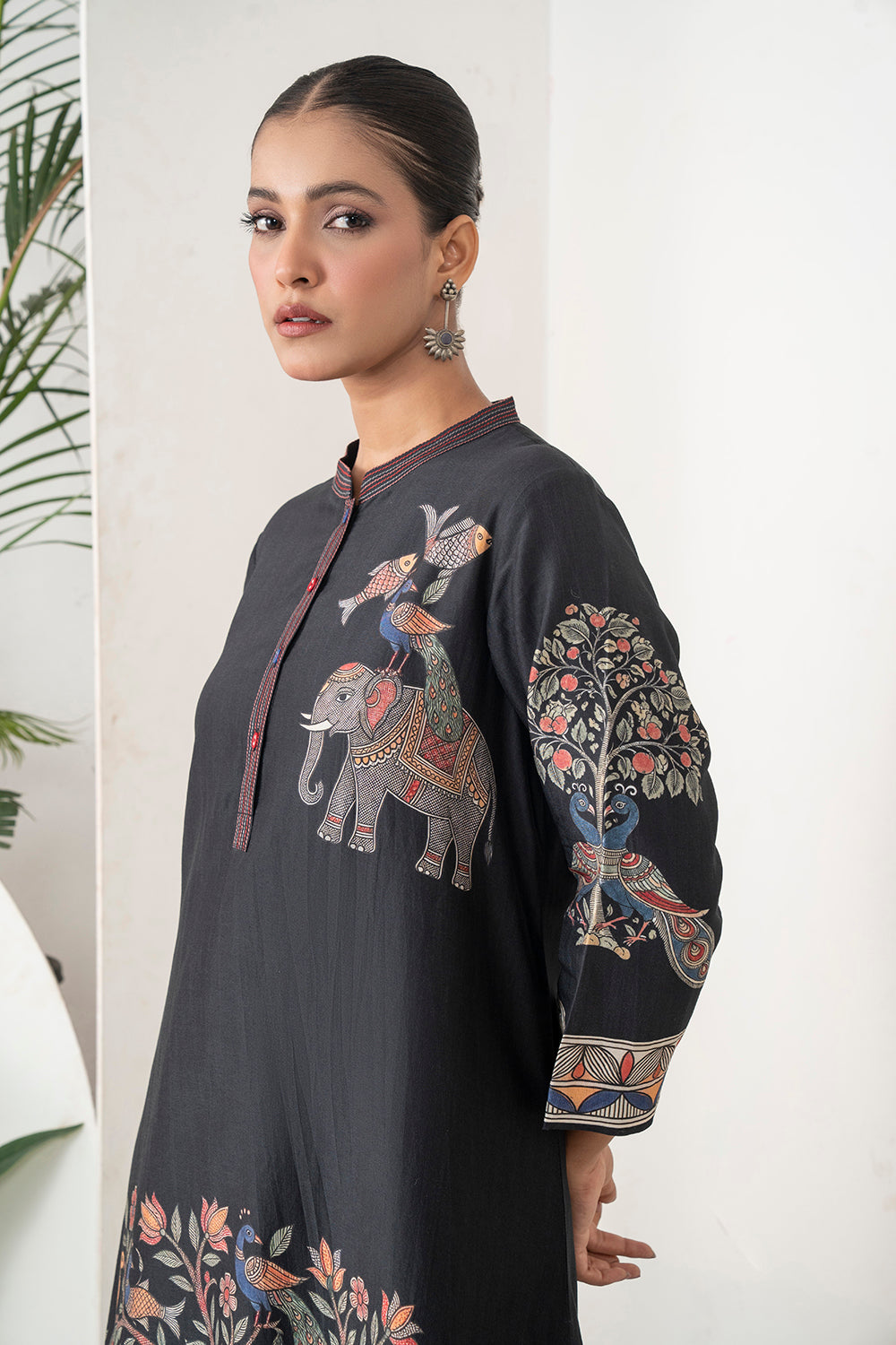 Black Silk Chanderi Rich Folk-Inspired Printed Tunic (1 PC)