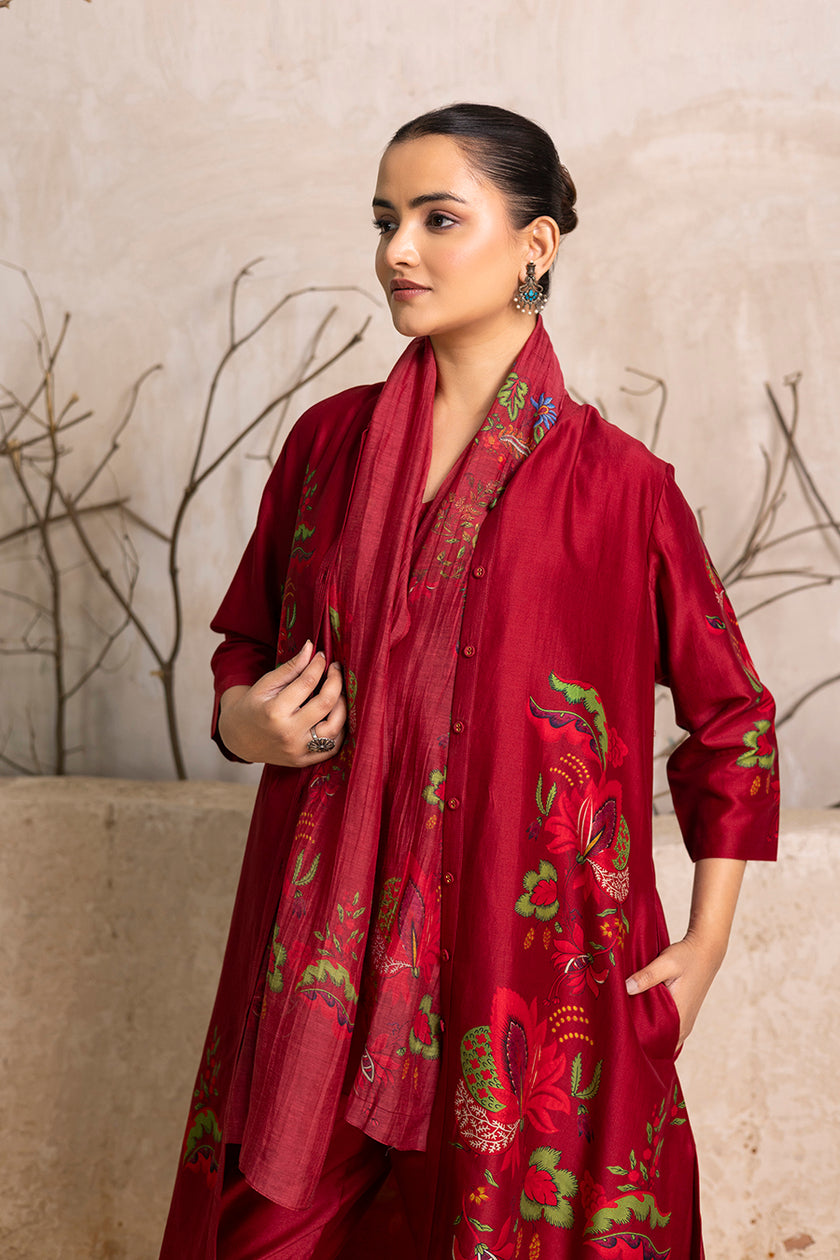 Red Thin Chanderi Floral Printed Stole (1 PC)