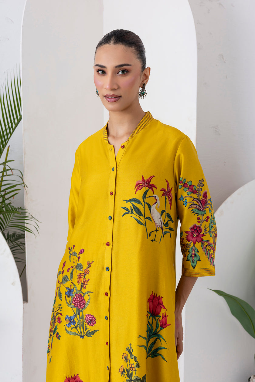 Yellow Silk Chanderi Floral Printed Front Open Dress (1 PC)