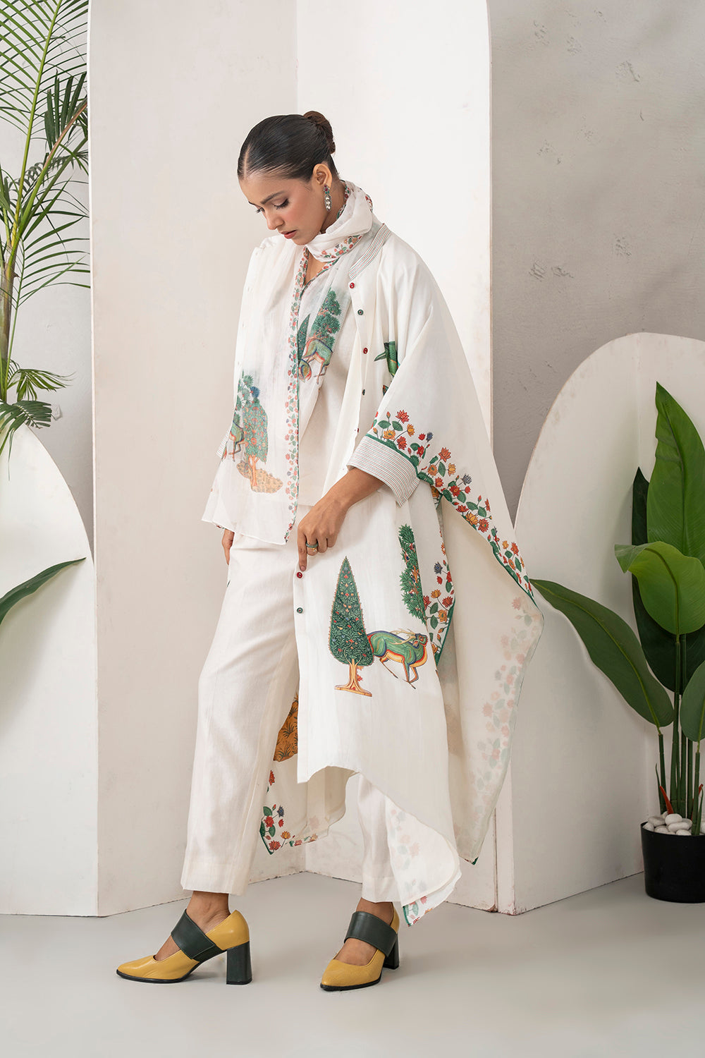 Ivory Silk Chanderi Folk Tale Printed Kaftan (1 PC)