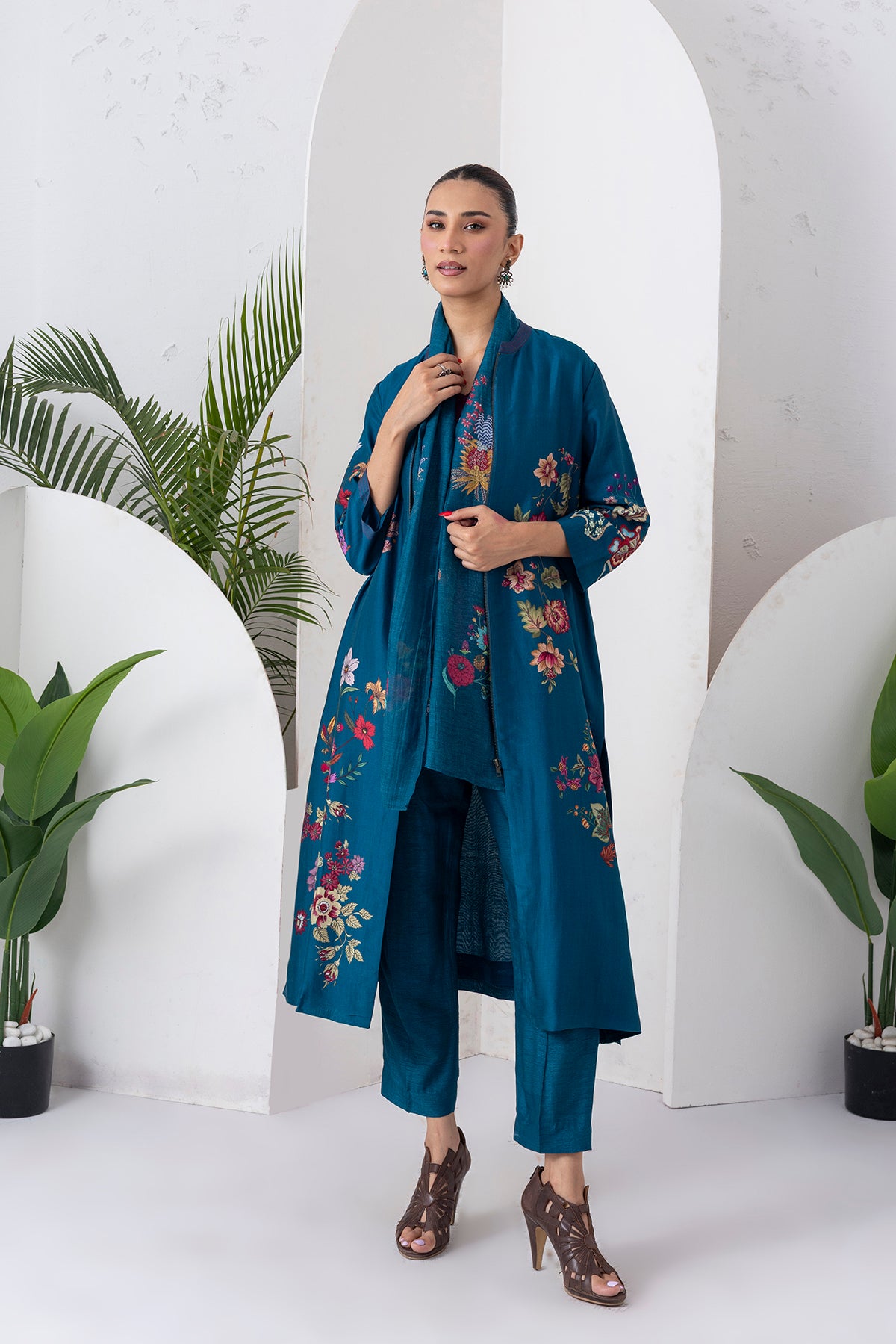 Indigo Silk Chanderi Floral Printed Front-Zip Dress (1 PC)
