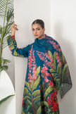 Indigo Silk Chanderi Front-Pleated Tropical Floral Illustration Printed Dress (1 PC)