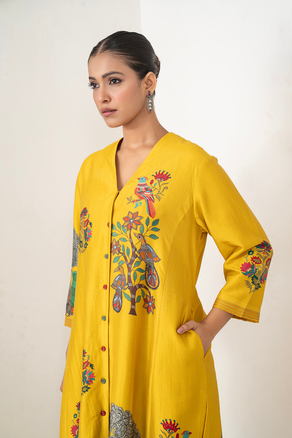 Yellow Silk Chanderi Front Open Striking Bird And Floral Printed Dress (1 PC)