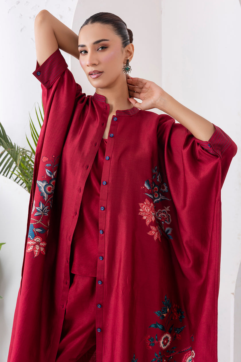 Maroon Silk Chanderi Printed Kaftan Style Dress (1 PC)