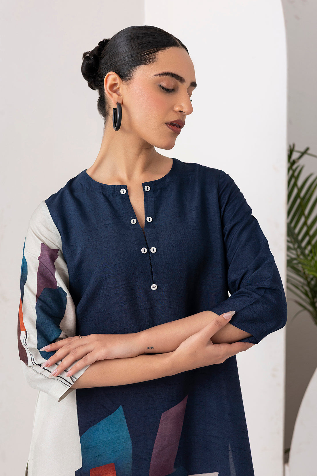 Blue & Ivory Viscose Dupion Printed Tunic (1 PC)