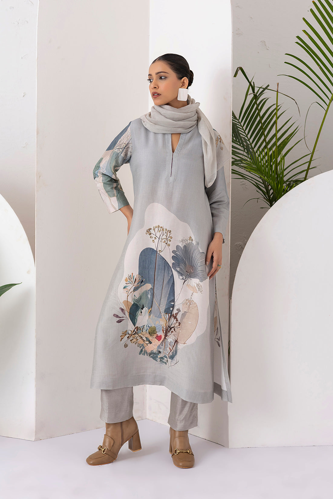 Grey Viscose Dupion Printed Tunic (1 PC)