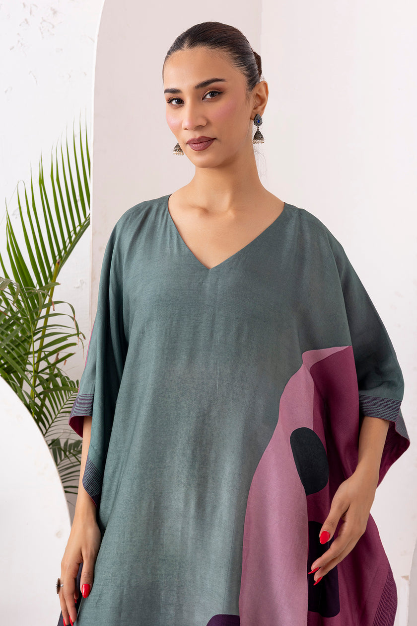 Sage Green & Salmon Pink Viscose Dupion Printed Kaftan (1 PC)