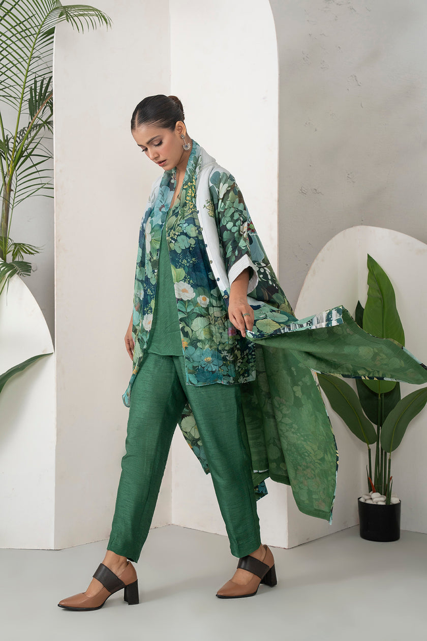 Ivory Silk Chanderi Vivid Garden Illustration Printed Kaftan (1 PC)