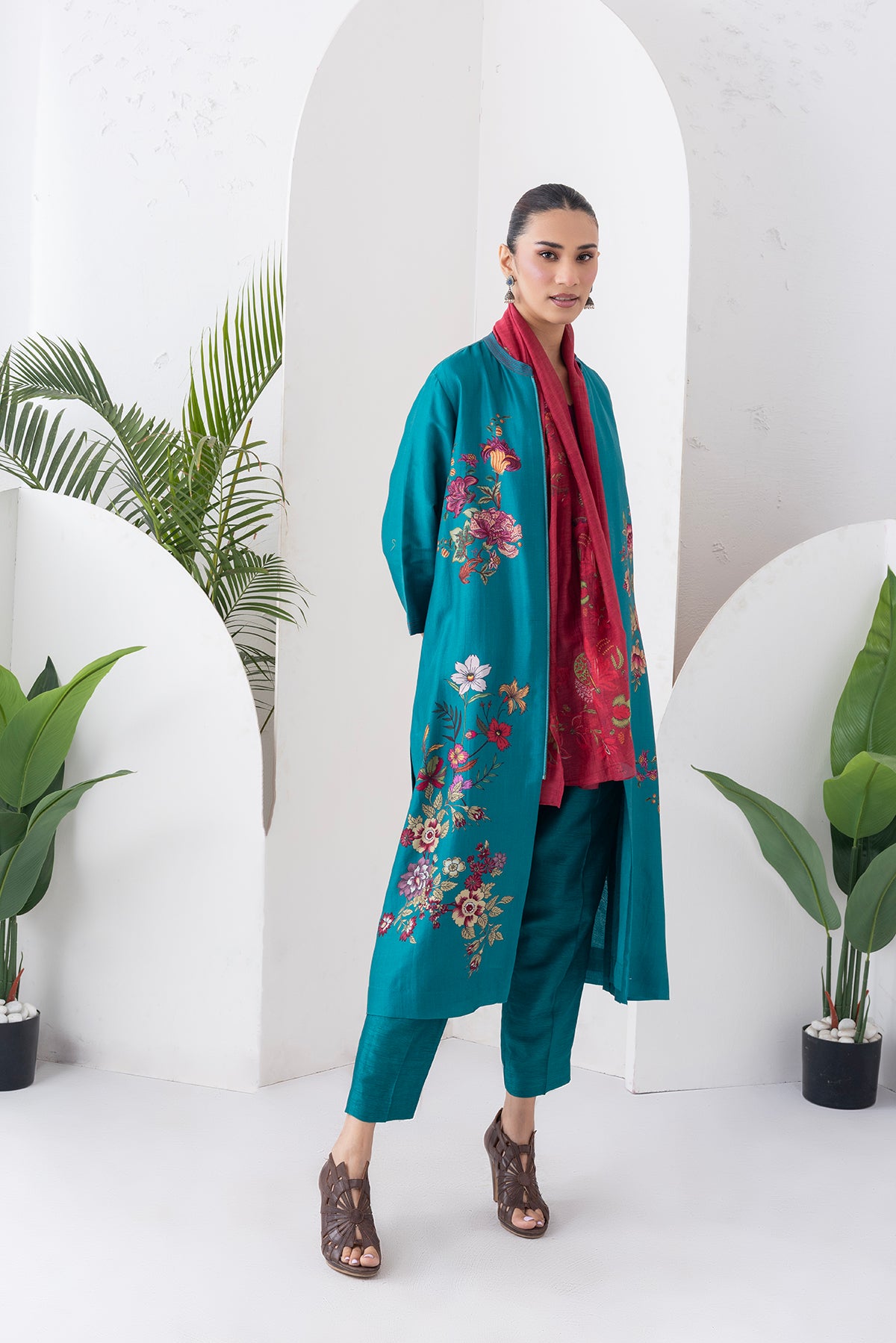 Emerald Silk Chanderi Floral Printed Front-Zip Dress (1 PC)