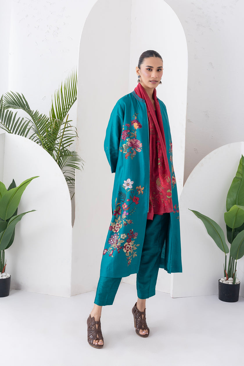Emerald Silk Chanderi Floral Printed Front-Zip Dress (1 PC)