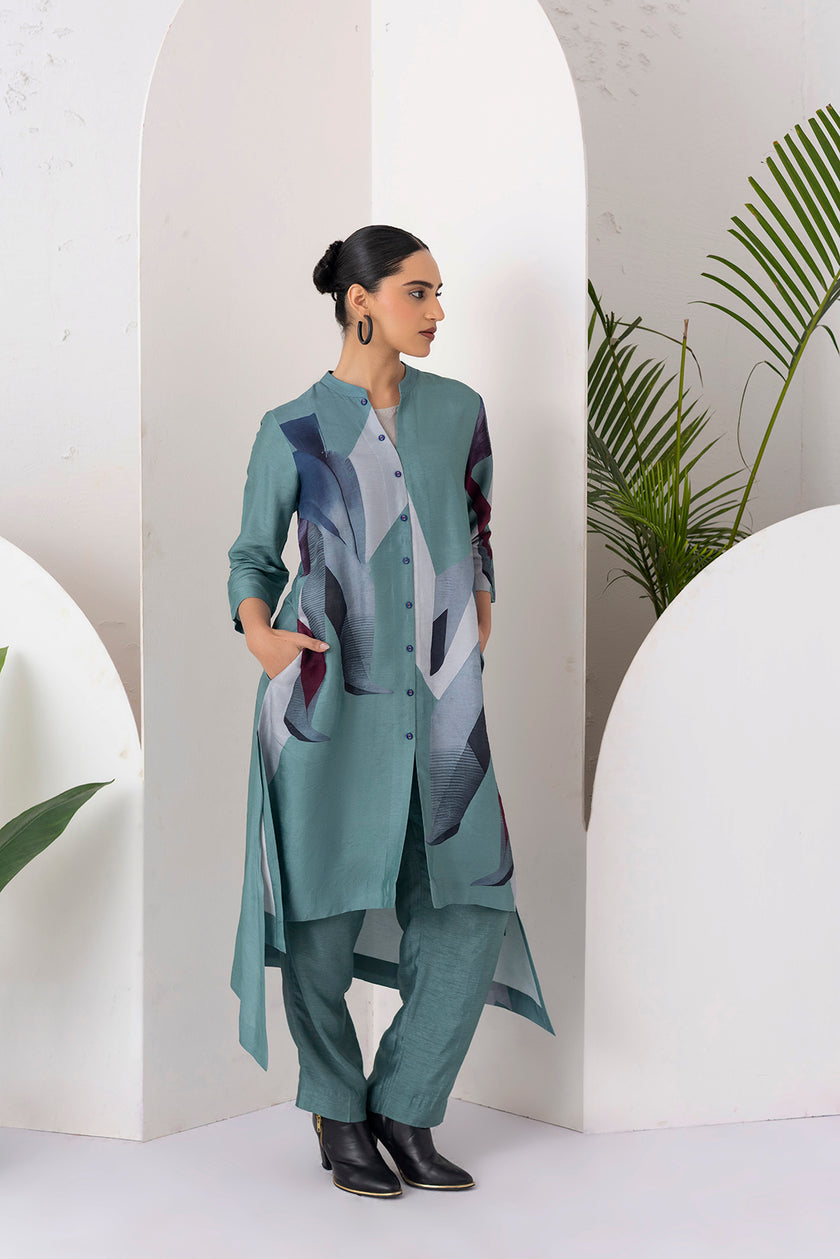 Sage Green Viscose Dupion Printed Dress (1 PC)