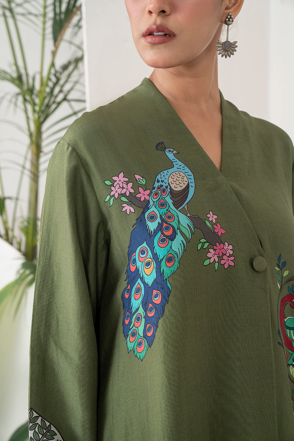 Leaf Green Silk Chanderi Front-Pleated Striking Peacock And Bird Printed Dress (1 PC)