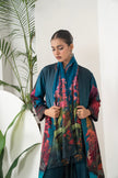 Deep Teal Fades Into Twilight Blue Silk Chanderi Forest Scene Printed Dress (1 PC)