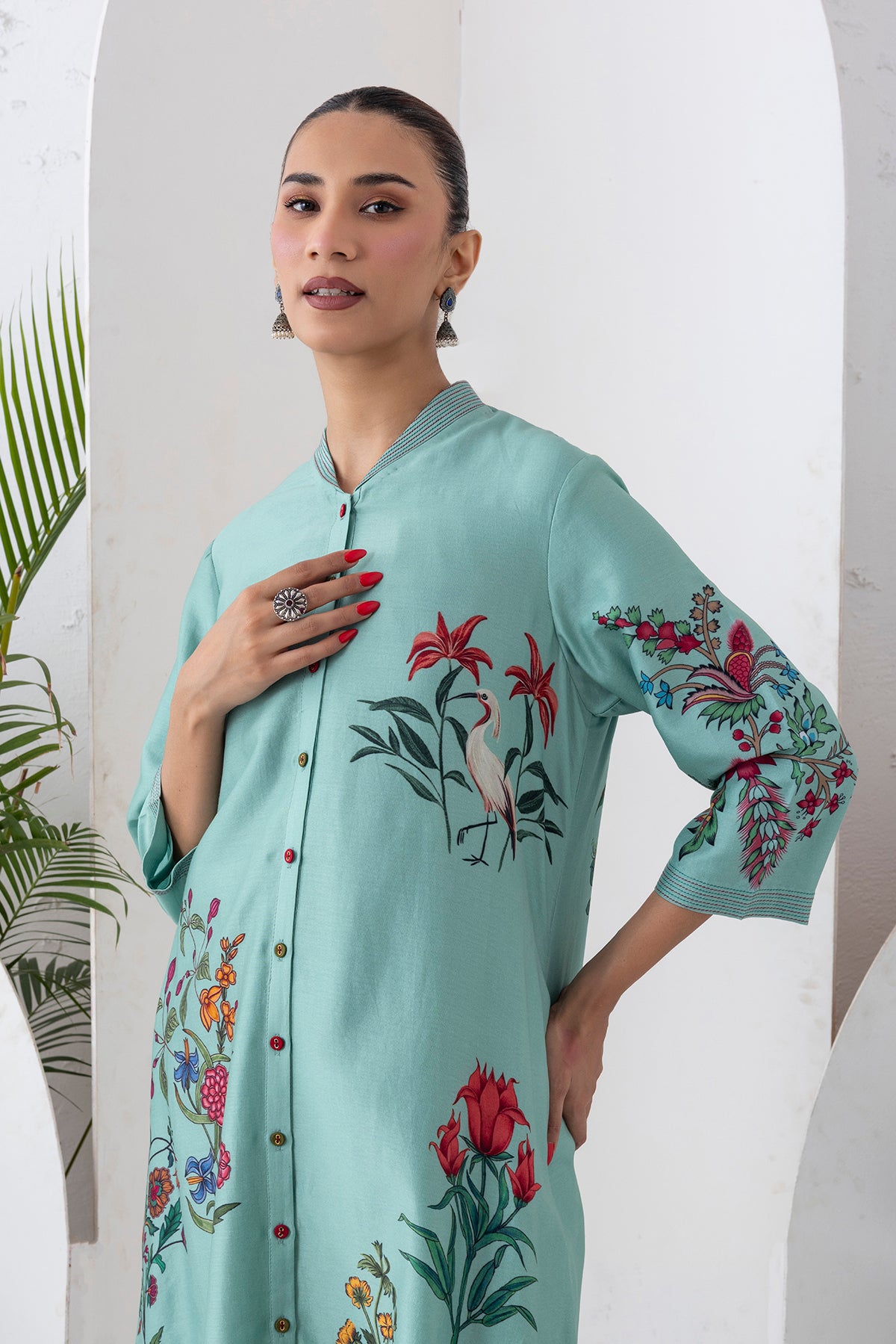 Mint Silk Chanderi Floral Printed Front Open Dress (1 PC)