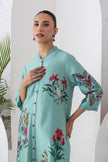 Mint Silk Chanderi Floral Printed Front Open Dress (1 PC)