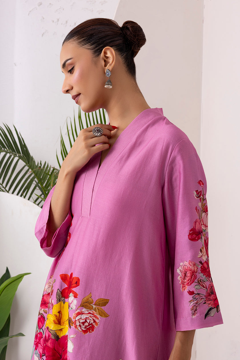 Salmon Pink Silk Chanderi Printed Tunic (1 PC)