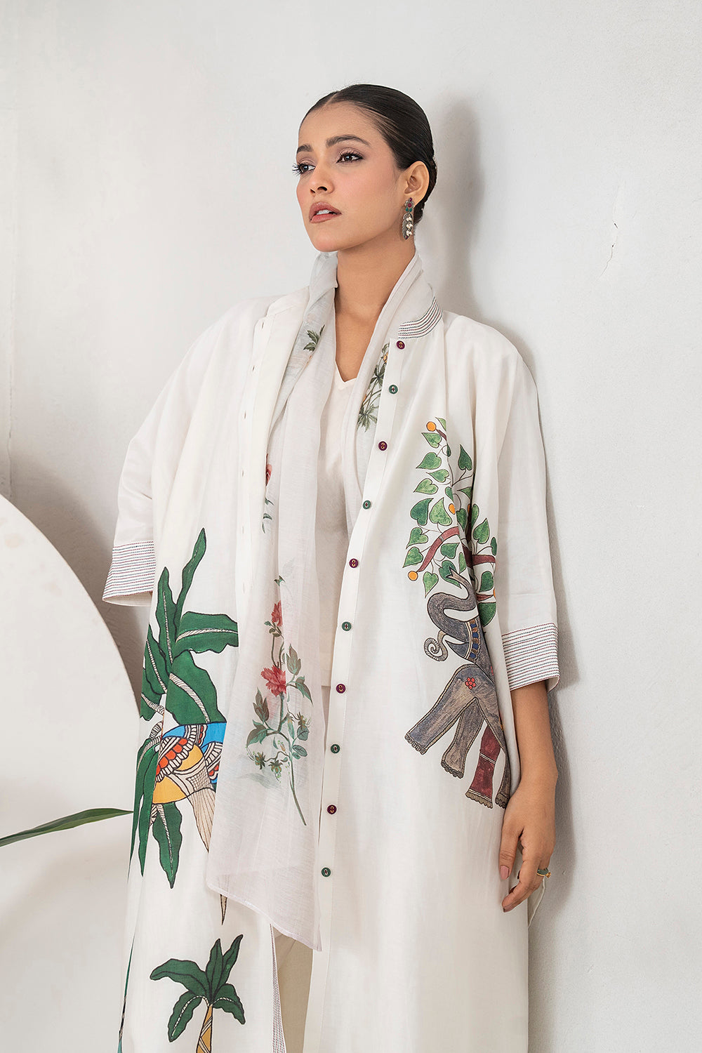 Ivory Silk Chanderi Elephant And Tropical Foliage Printed Kaftan (1 PC)