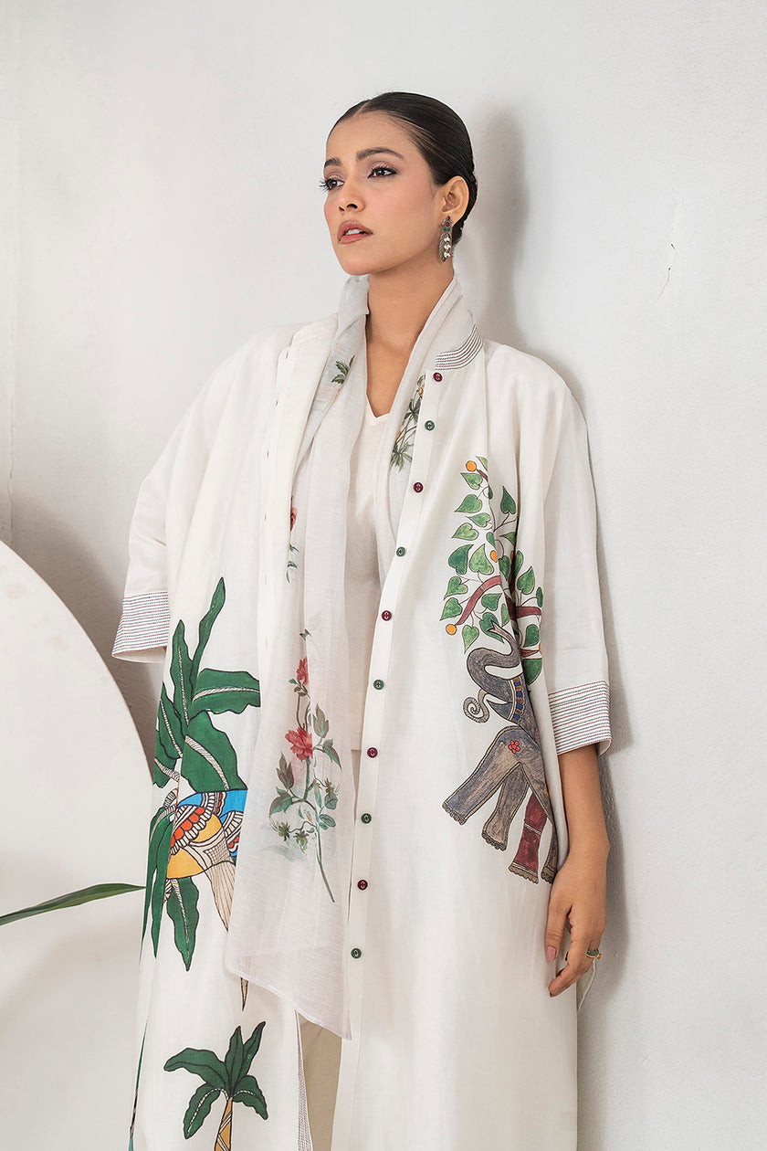 Ivory Silk Chanderi Elephant And Tropical Foliage Printed Kaftan (1 PC)