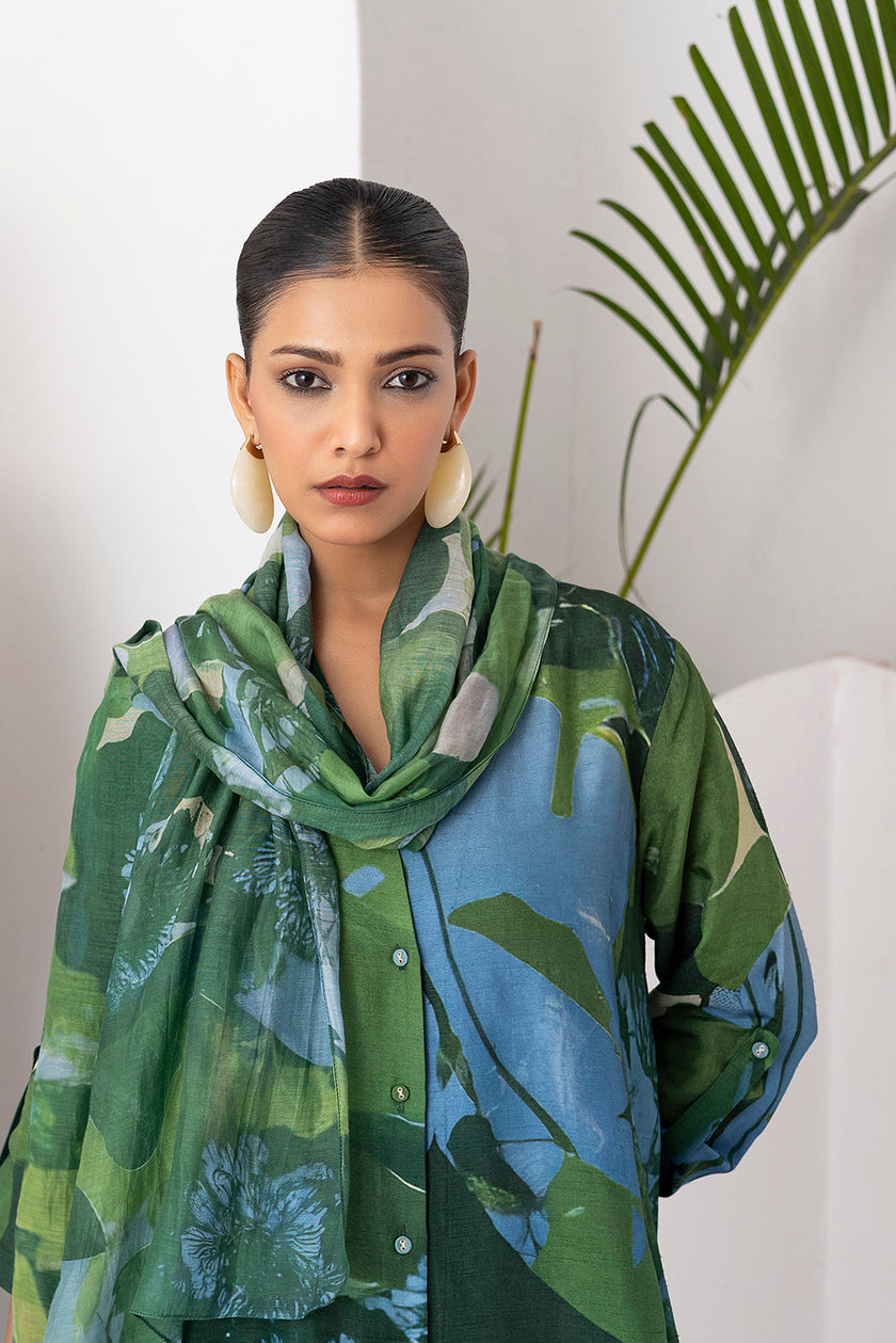 Green & Blue Viscose Dupion Printed Dress (1 PC)