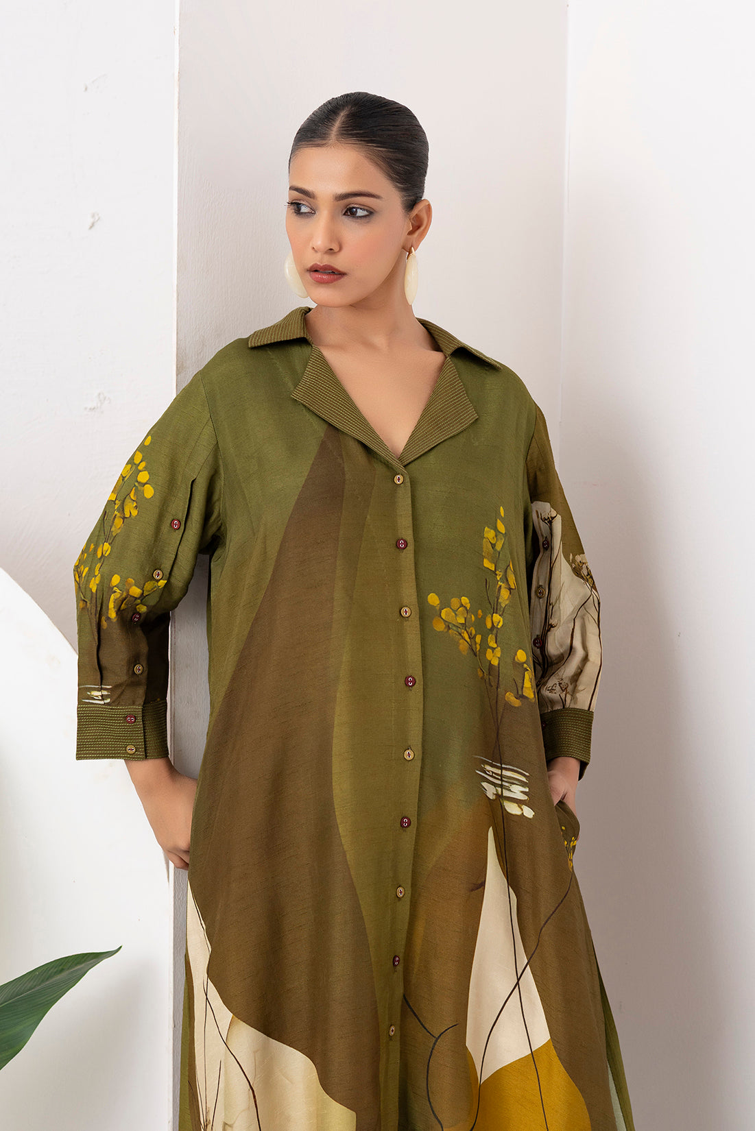 Moss Green Shaded Viscose Dupion Printed Dress (1 PC)