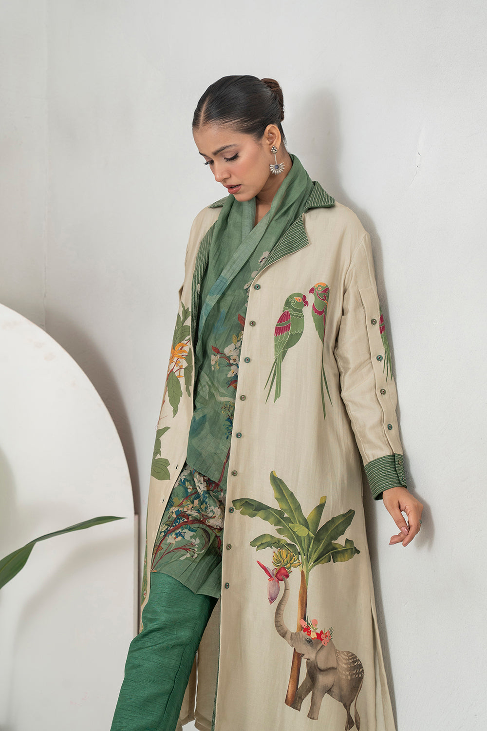 Beige Silk Chanderi Nature-Inspired Printed Dress (1 PC)