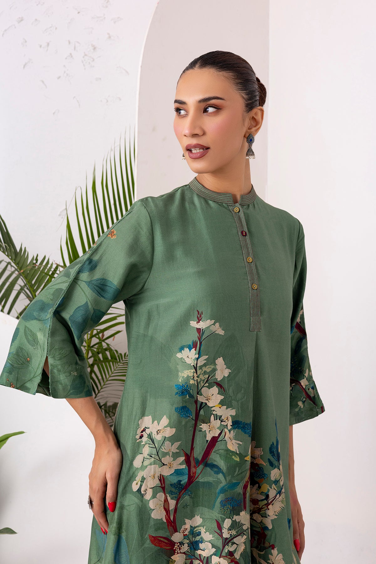 Sage Green Silk Chanderi Printed Front Pleat Tunic (1 PC)