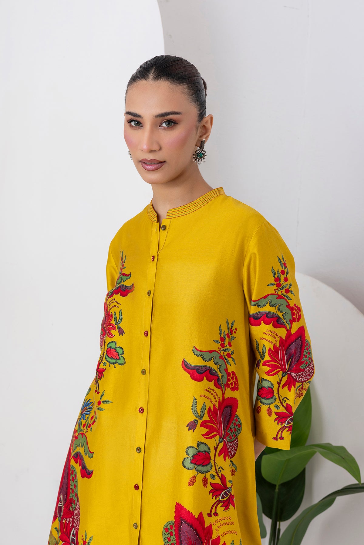 Yellow Silk Chanderi Printed Front Open Floral High-Low Dress (1 PC)