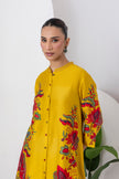 Yellow Silk Chanderi Printed Front Open Floral High-Low Dress (1 PC)