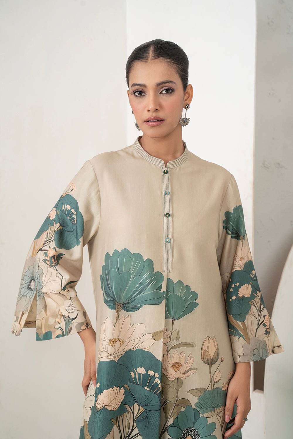 Beige Silk Chanderi Delicate Floral Artwork Printed Tunic (1 PC)