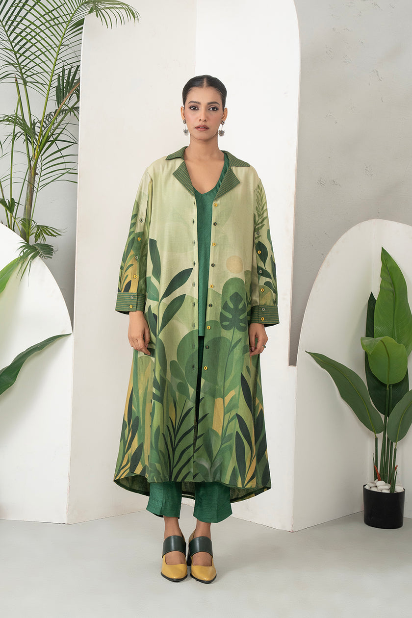 Shades Of Green Silk Chanderi Lush Jungle Printed Dress (1 PC)