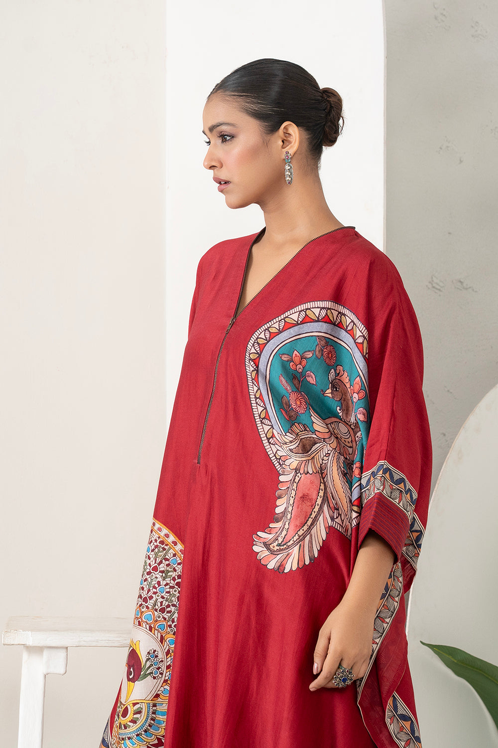 Maroon Silk Chanderi Bold Peacock Printed Zippered Kaftan (1 PC)