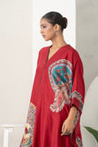 Maroon Silk Chanderi Bold Peacock Printed Zippered Kaftan (1 PC)