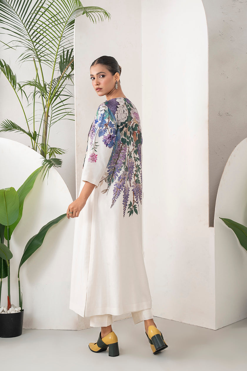 Ivory Silk Chanderi Side Panel Wisteria Printed Dress (1 PC)