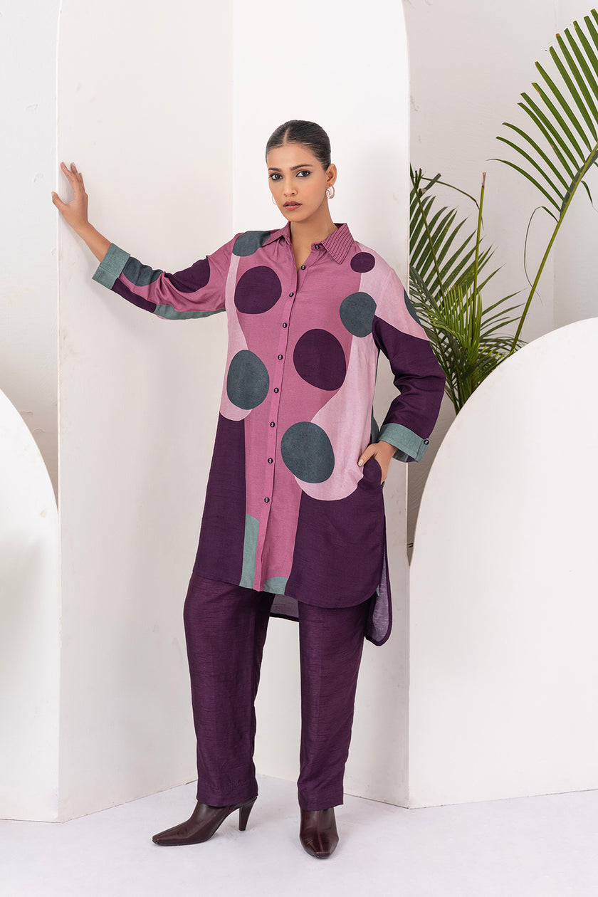Salmon Pink & Wine Viscose Dupion Printed Shirt Style Tunic (1 PC)