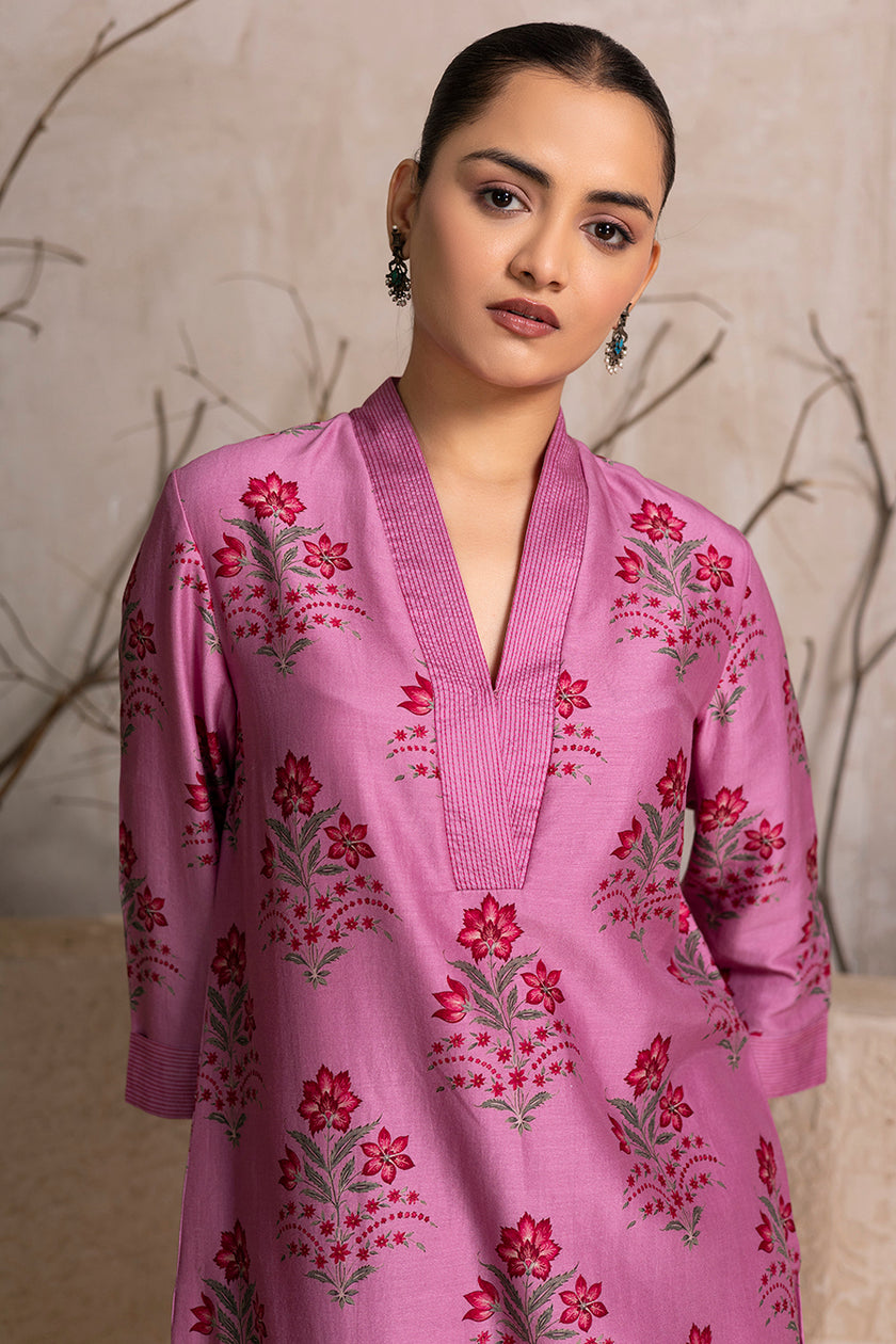 Salmon Pink Silk Chanderi Floral Boota Printed Tunic (1 PC)