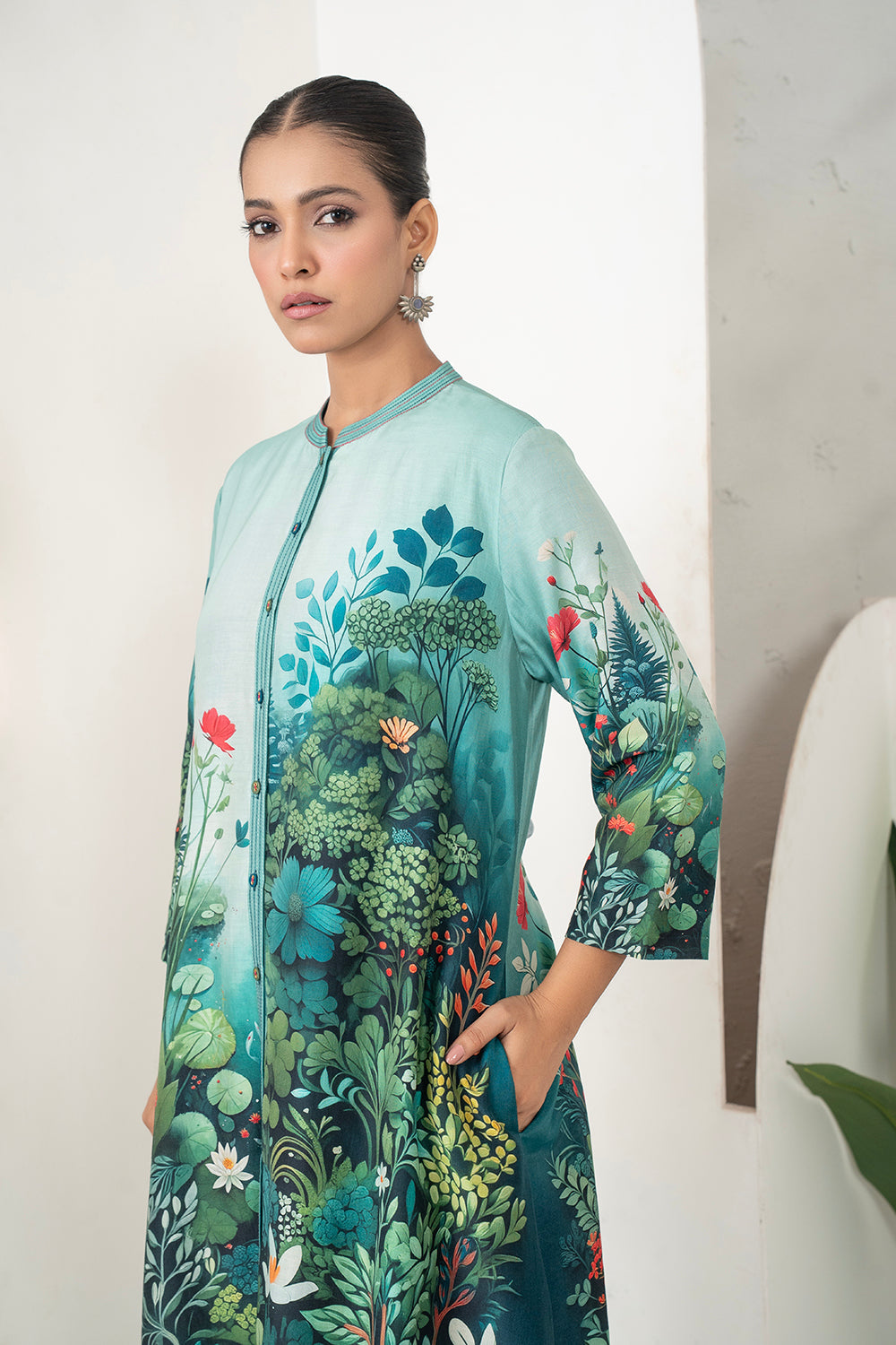 Blue Fades Gently From Mint To Midnight Silk Chanderi Hand-Painted Garden Printed Dress (1 PC)