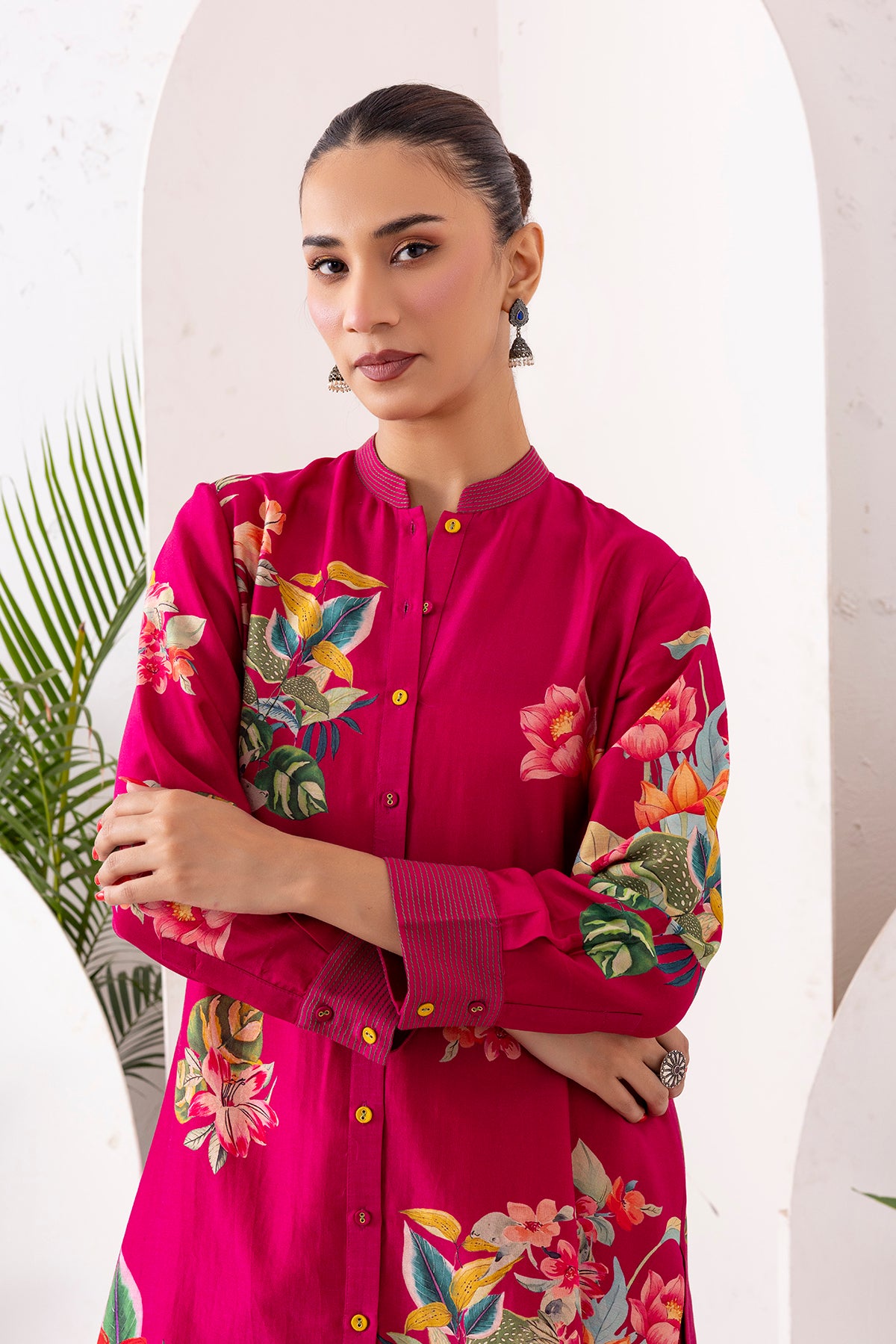 Hot Pink Silk Chanderi Floral Printed Shirt Style Tunic (1 PC)