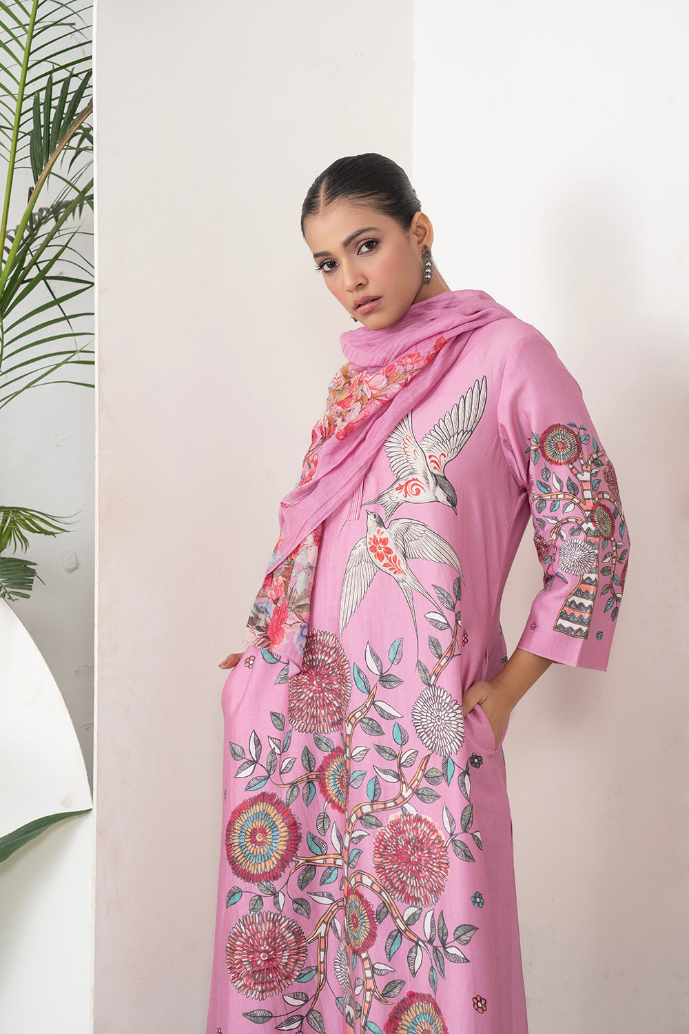 Salmon Pink Silk Chanderi Printed Intricate Bird And Floral Printed Tunic (1 PC)